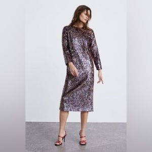 Zara Rainbow Sequin Midi Long Sleeve Cocktail Dress Size XL